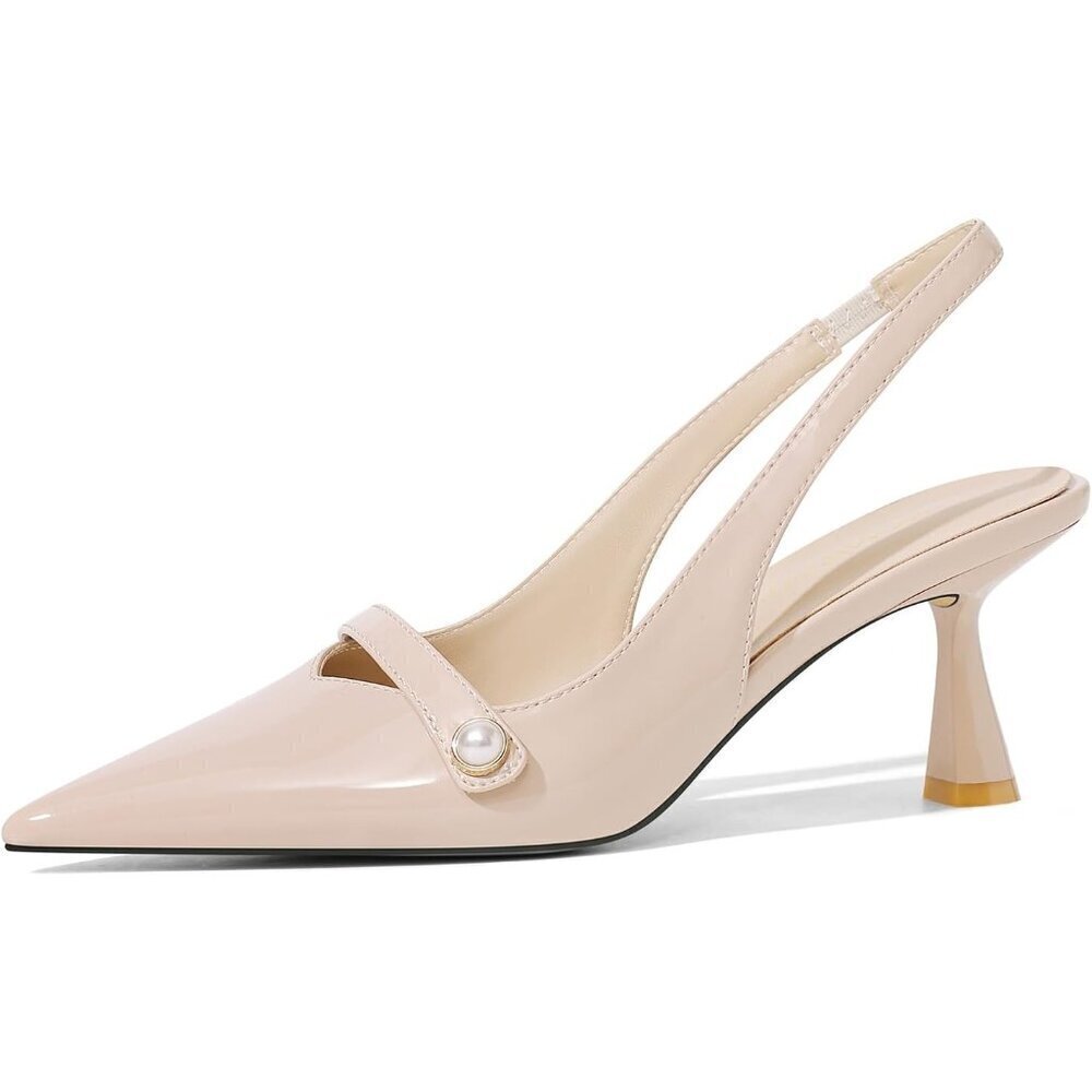 🆕Women Kitten Heels Sling back Low Heel Pumps Pointed Toe Pearl Heels Nude